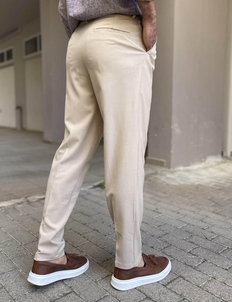 Ανδρικό μπεζ υφασμάτινο παντελόνι με πιέτα και λάστιχο στην μέση FCL00295 φωτογραφία